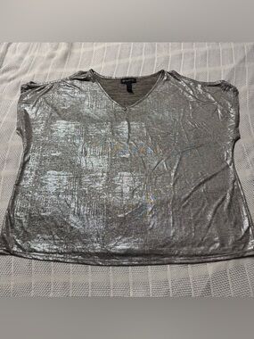 INC International Concepts Metallic Silver V-Neck Women's Top